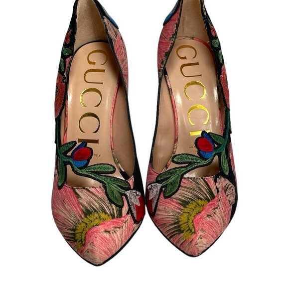 GUCCI Ophelia Embroidered Flower Heels Size 37.5 Cloth EUC Floral - Picture 6 of 12